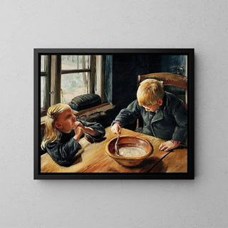 a boy and a girl having lunch - Laurits Andersen Ring — framed artwork on a wall