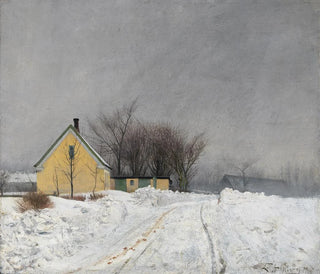 Winter Day with Fog, on the left a yellow house, deep snow - Laurits Andersen Ring — artwork view