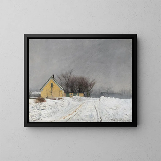 Winter Day with Fog, on the left a yellow house, deep snow - Laurits Andersen Ring — framed artwork on a wall