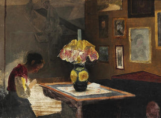 L'épouse de l'artiste Sigrid cousant à la lumière de la lampe Karrebksminde - Laurits Andersen Ring — artwork view