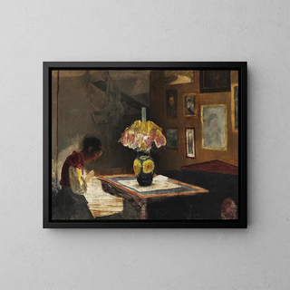 L'épouse de l'artiste Sigrid cousant à la lumière de la lampe Karrebksminde - Laurits Andersen Ring — framed artwork on a wall