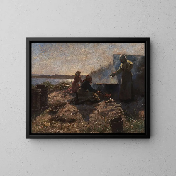 Oil painting of boiling train at Nymindegab, Jutland - Laurits Tuxen — framed artwork on a wall
