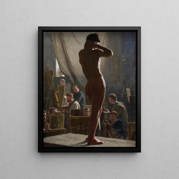 Male nude painting in Bonnat's studio - Laurits Tuxen — framed artwork on a wall