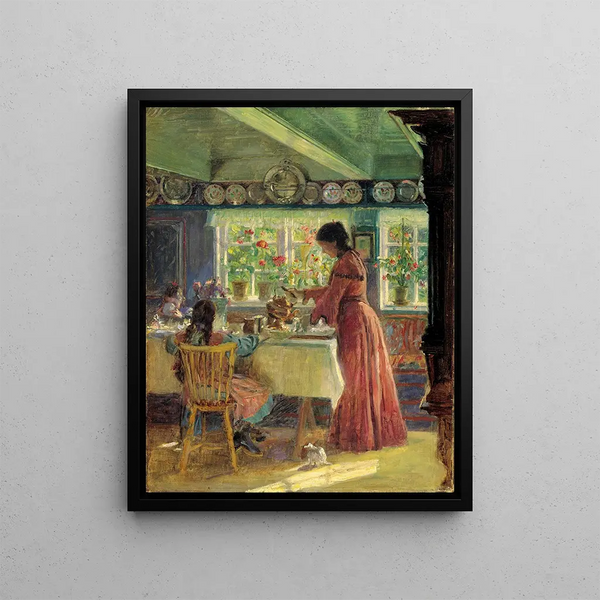 Pouring the Morning Coffee - Laurits Tuxen — framed artwork on a wall