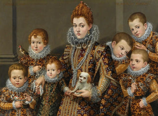Portrait painting of Bianca Degli Utili Maselli holding a dog and surrounded by six of her children - Lavinia Fontana — artwork view
