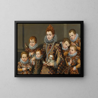 Portrait painting of Bianca Degli Utili Maselli holding a dog and surrounded by six of her children - Lavinia Fontana — framed artwork on a wall