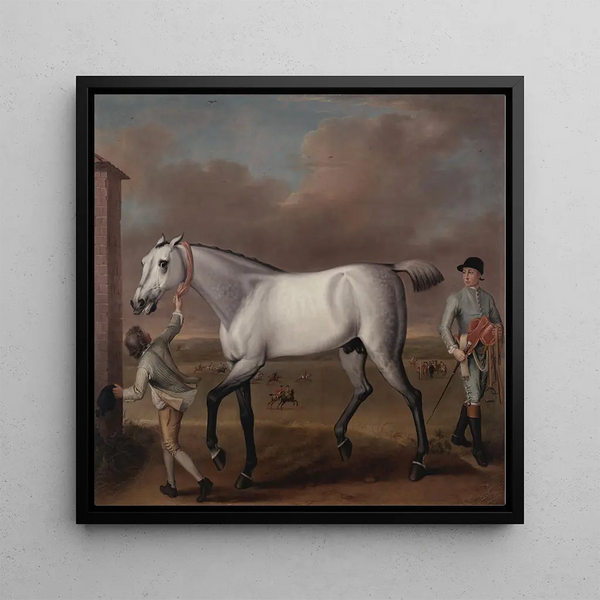 The Duke of Hamilton and his victorious grey racehorse at Newmarket - John Wootton — framed artwork on a wall