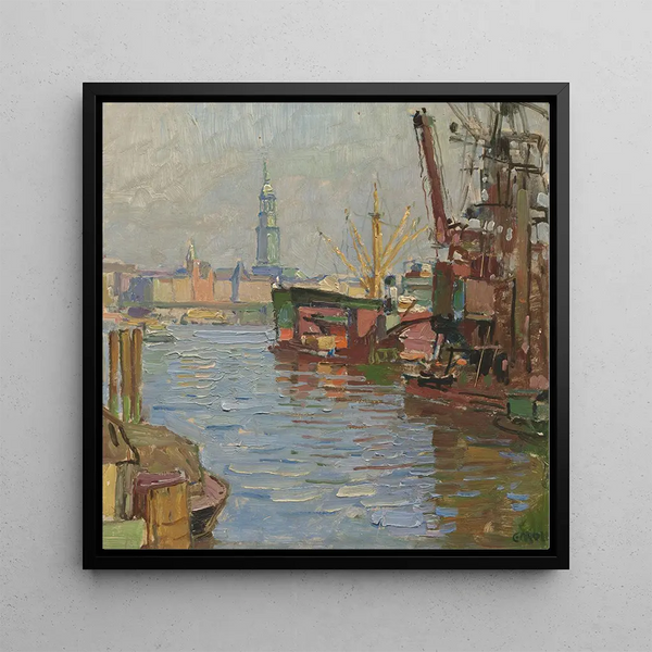 The Hamburg port - Carl Moll — framed artwork on a wall