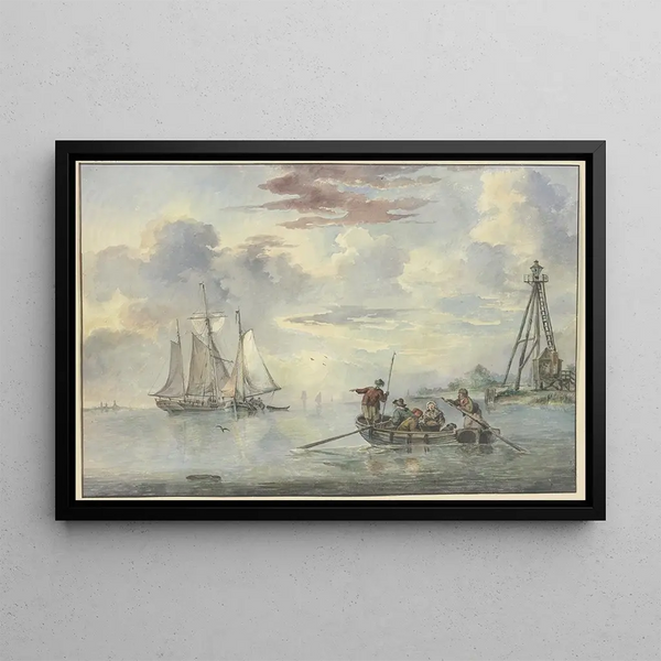 Calm Sea Painting, sunrise, in the foreground a boat with several people heading towards two ships, on the right bank the lantern - Leendert de Koningh — framed artwork on a wall