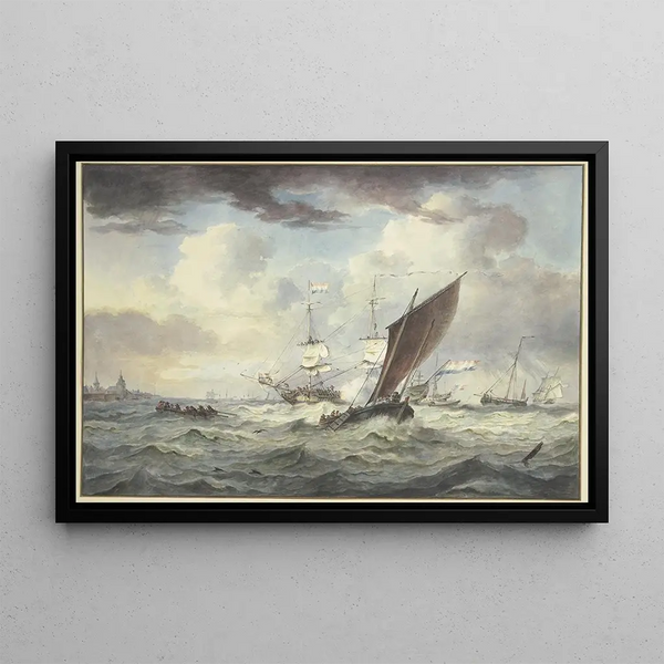 Sea with rough waves and many ships, a large ship loading a cannon in front of a boat seen from the front on the left, a city - Leendert de Koningh — framed artwork on a wall