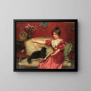 Sitting woman with a cat - Leo A Malempre — framed artwork on a wall