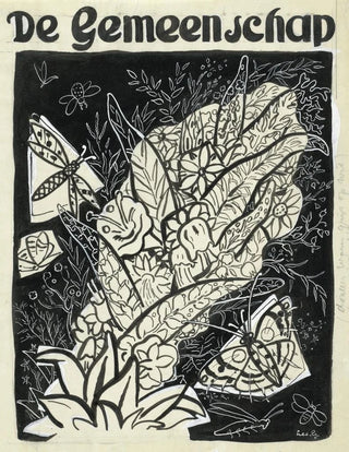 Leo Gestel - Ontwerp voor de omslag van De Gemeenschap met een voorstelling van vlinders rond bladeren en bloemen vliegend.webp
