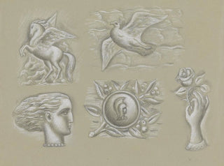 Conceptions pour un filigrane de billet de banque: Pégase, colombe, tête de femme, blason et main avec rose - Leo Gestel — artwork view
