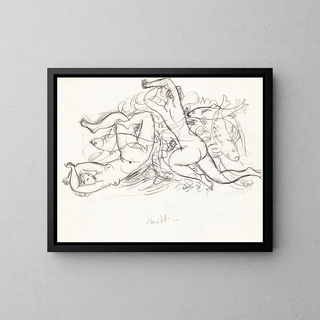Sketch sheet with nude women swimming and fish - Leo Gestel — framed artwork on a wall