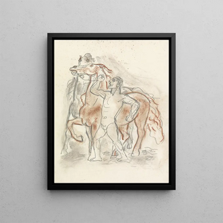 Leo Gestel - Schetsblad met naakte man die twee paarden in bedwang houdt.webp