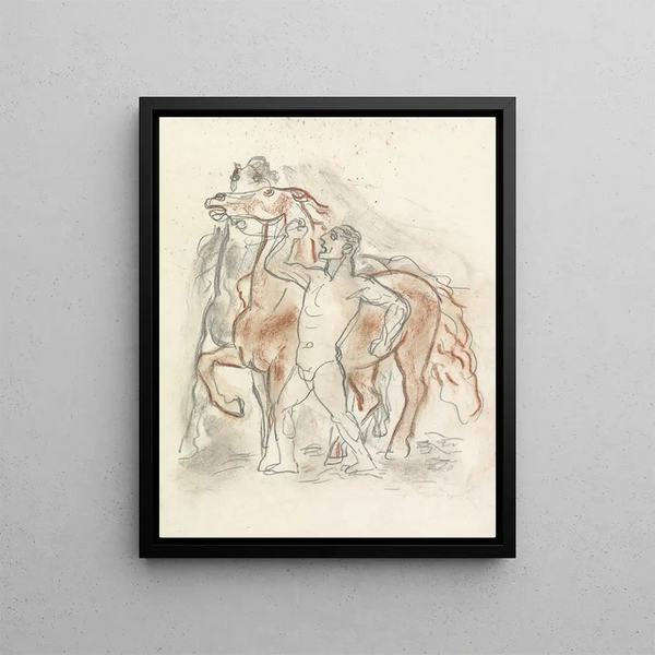 Sketch sheet with a nude man holding two horses - Leo Gestel — framed artwork on a wall
