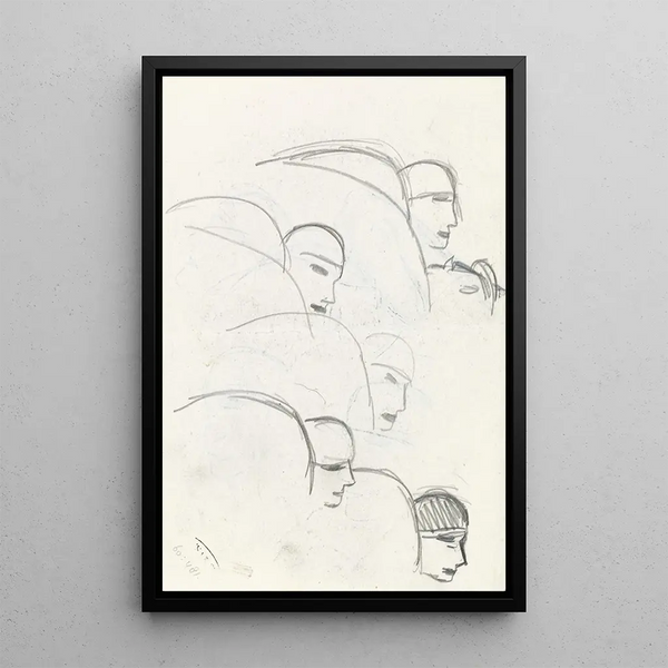 Sketch sheet with studies for a embrace kiss - Leo Gestel — framed artwork on a wall