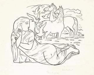 Sketch sheet with woman lying on the beach with two horses and some seagulls - Leo Gestel — artwork view