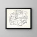 Sketch sheet with woman lying on the beach with two horses and some seagulls - Leo Gestel — framed artwork on a wall