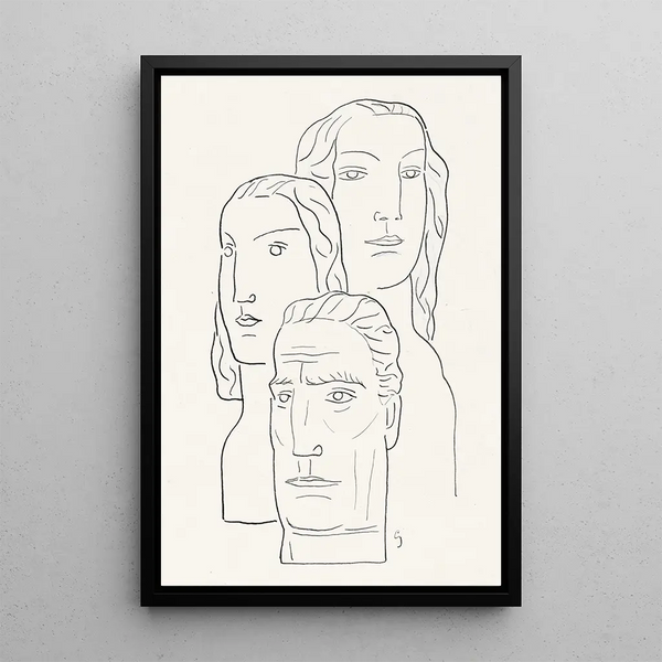 Two Women's Heads and One Man's Head - Leo Gestel — framed artwork on a wall