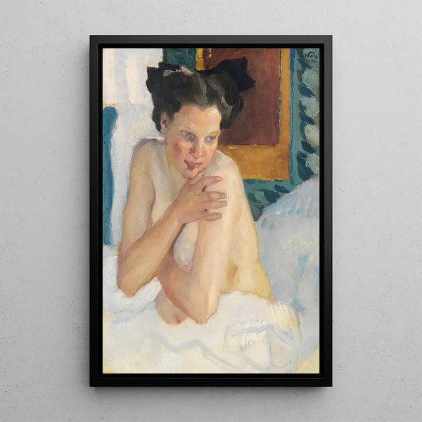 Awakening semi-nude sitting - Leo Putz — framed artwork on a wall