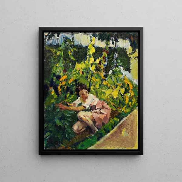 Toni dans le parterre de fleurs - Leo Putz — framed artwork on a wall