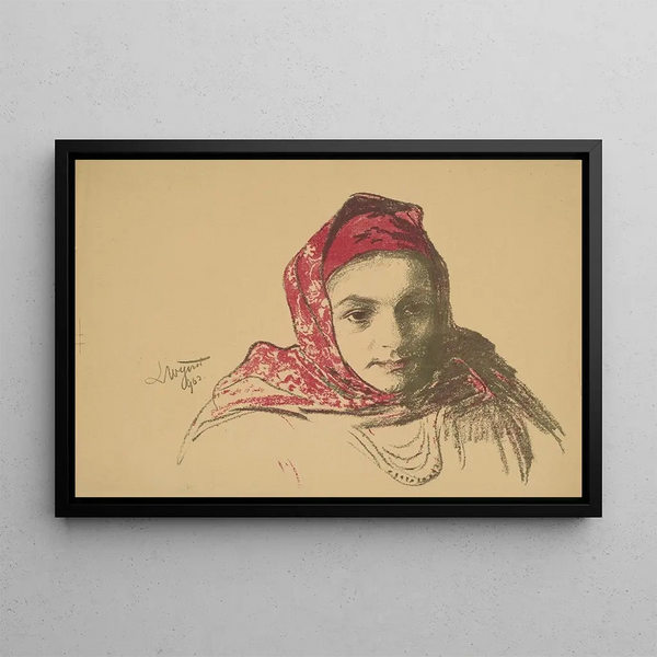 Tête d'une fille de Cracovie avec un foulard rouge - Leon Wyczółkowski — framed artwork on a wall