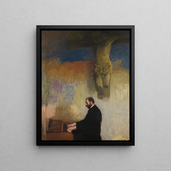 Portrait of Feliks Jasieński at the organ - Leon Wyczółkowski — framed artwork on a wall