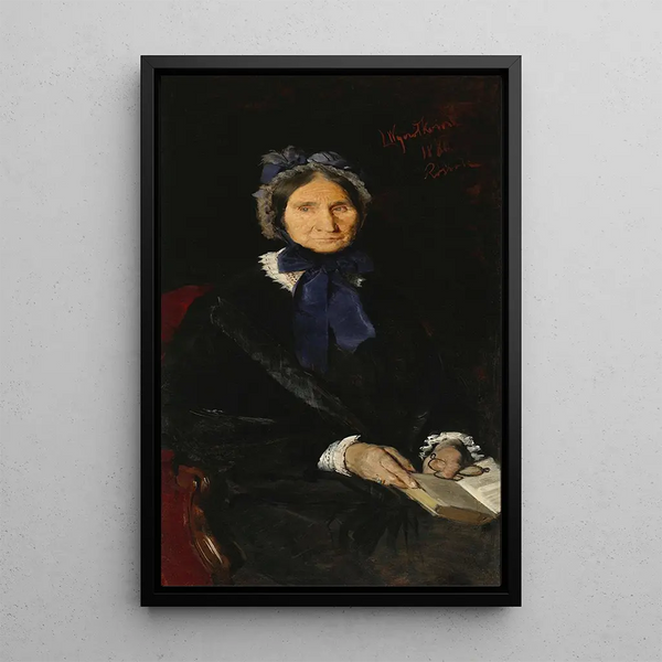 Portrait painting of Mrs. Faliska, the artist's grandmother - Leon Wyczółkowski — framed artwork on a wall