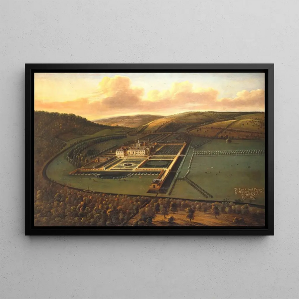 The Southeast Perspective of Hampton Court Herefordshire - Leonard Knyff — framed artwork on a wall