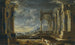 Classical ruins with fountain on the sea - Leonardo Coccorante — artwork view