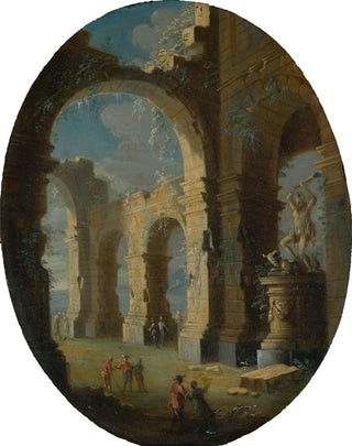 Leonardo Coccorante - Kirchenruine mit Figuren und Herkulesstandbild.webp