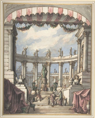 Leonardo Marini - Design for a Stage Set A Classical Courtyard and Colonnade with a Statue of Minerva.webp