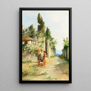 Three girls picking roses - Leontine von Littrow — framed artwork on a wall