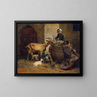 Girl with a goat - Leopold Brunner — framed artwork on a wall