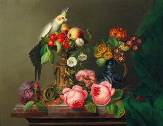 Nature morte with roses, fruits, a cockatoo, and a stag beetle - Leopold Brunner the Elder — artwork view