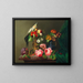 Nature morte with roses, fruits, a cockatoo, and a stag beetle - Leopold Brunner the Elder — framed artwork on a wall