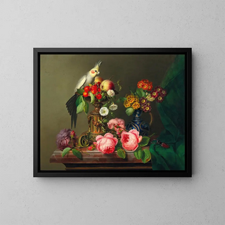 Nature morte with roses, fruits, a cockatoo, and a stag beetle - Leopold Brunner the Elder — framed artwork on a wall
