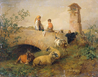 Boy and girl with sheep and goats - Leopold Brunner the Younger — artwork view