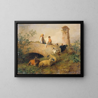 Boy and girl with sheep and goats - Leopold Brunner the Younger — framed artwork on a wall