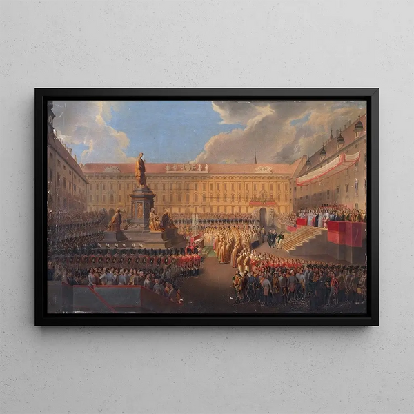 the inauguration of the monument to Emperor Franz I of Austria on June 19, 1846, at Franzensplatz in Vienna - Leopold Bucher — framed artwork on a wall