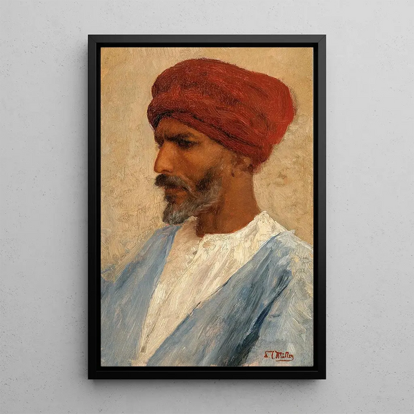 Portrait of an Oriental with a red turban - Leopold Carl Müller — framed artwork on a wall