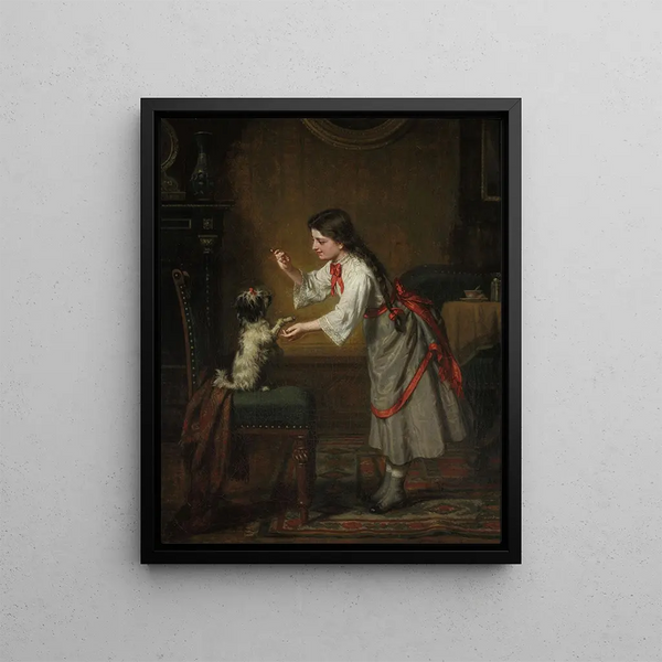 Girl with a dog - Leopold Löffler — framed artwork on a wall