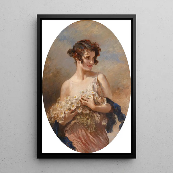 Dame avec un bouquet de marguerites - Leopold Schmutzler — framed artwork on a wall