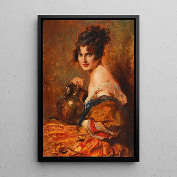 Beautiful with wine carafe - Leopold Schmutzler — framed artwork on a wall