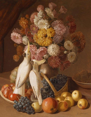 Leopold von Stoll - Blumenstillleben mit Frchten und Nymphensittichen.webp
