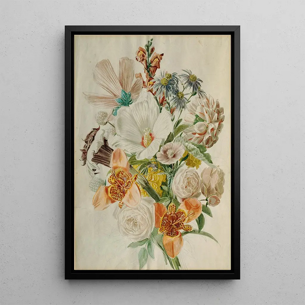Bouquet de fleurs avec hibiscus et lys - Leopold von Stoll — framed artwork on a wall