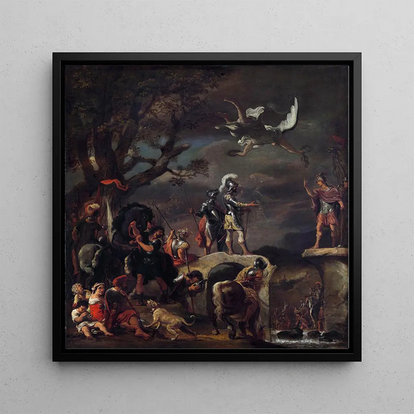 The peace negotiations between Claudius Civilis and Quintus Petillius Cerealis on the demolished bridge - Ferdinand Bol — framed artwork on a wall