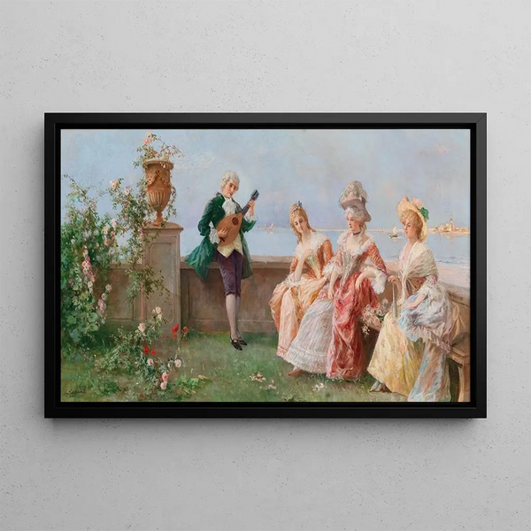 Venice painting, elegant company with San Giorgio Maggiore in the background - Licinio Barzanti — framed artwork on a wall