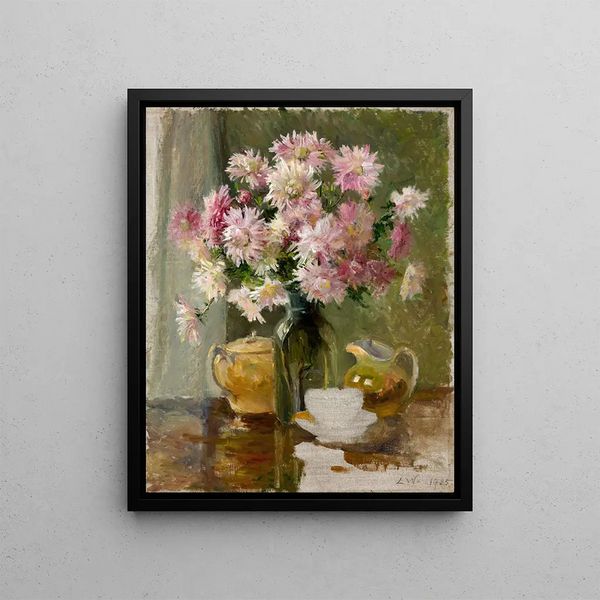 Chrysanthemums on the table - Lilly Walther — framed artwork on a wall